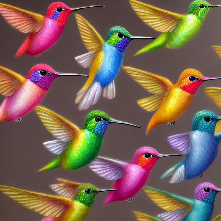 Colorful Hummingbird Pattern on Brown Background