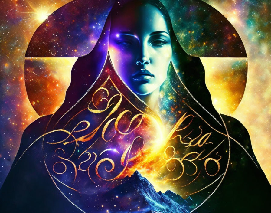 Cosmic-themed digital artwork: Woman's silhouette with celestial bodies and landscapes