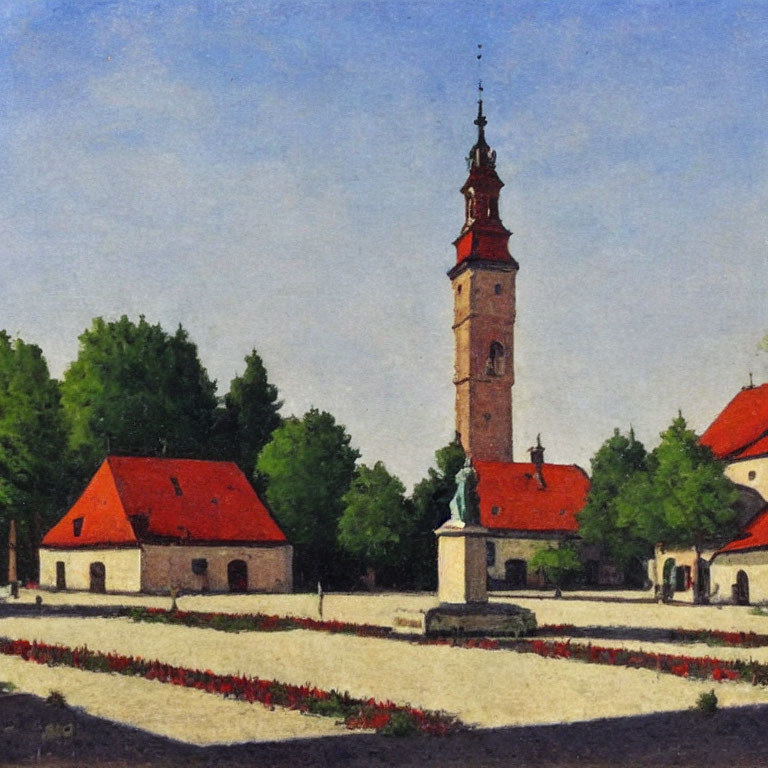 Classic European Town Square Oil Painting with Clock Tower & Statue