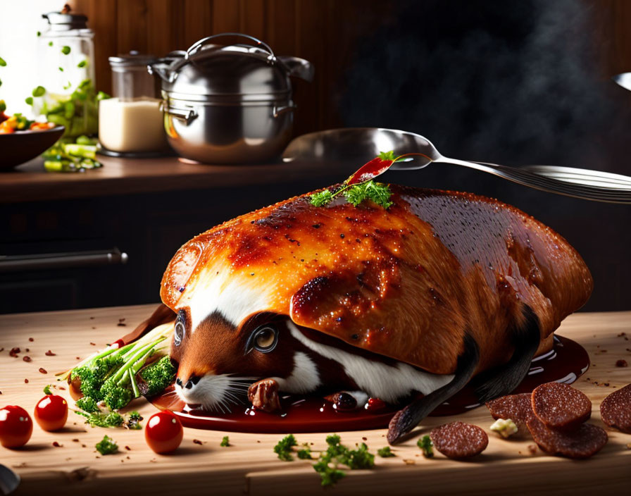 Guinea Pig with Roasted Food Texture and Vegetables on Wooden Board