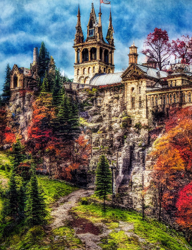 Ornate castle on rugged cliff with autumn foliage and winding path