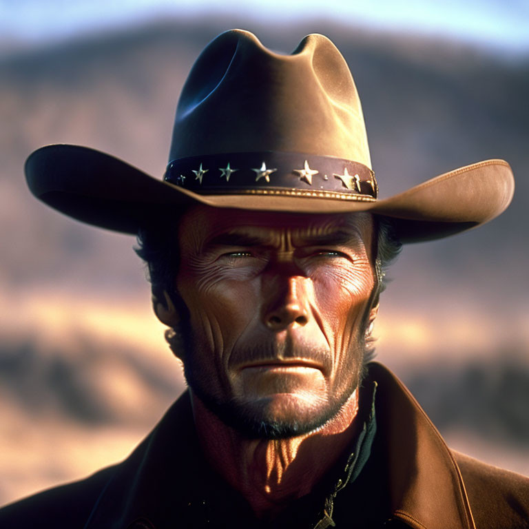 Weathered-faced individual in cowboy hat with stern gaze in desert.