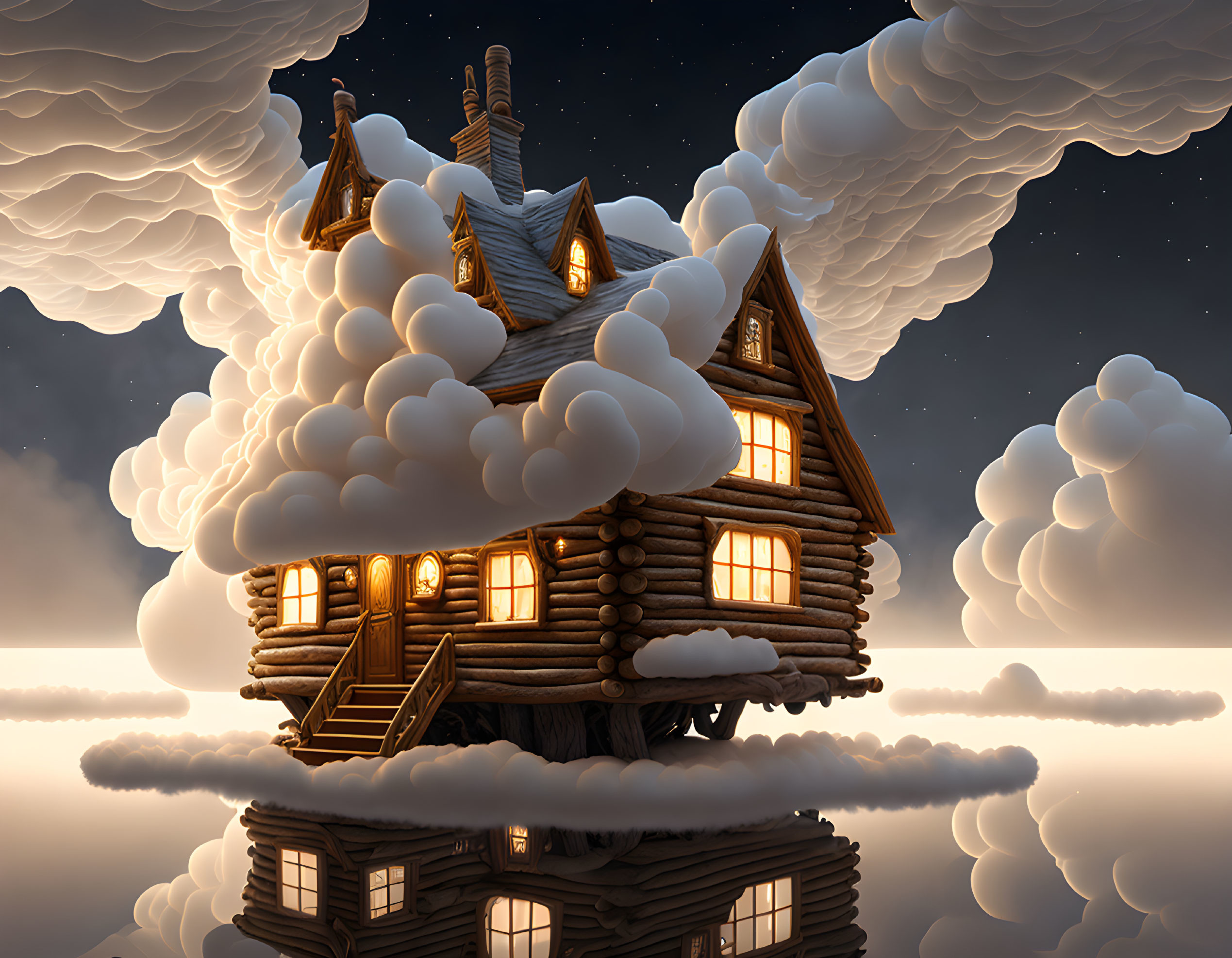 Cozy wooden cabin on fluffy cloud under starry sky