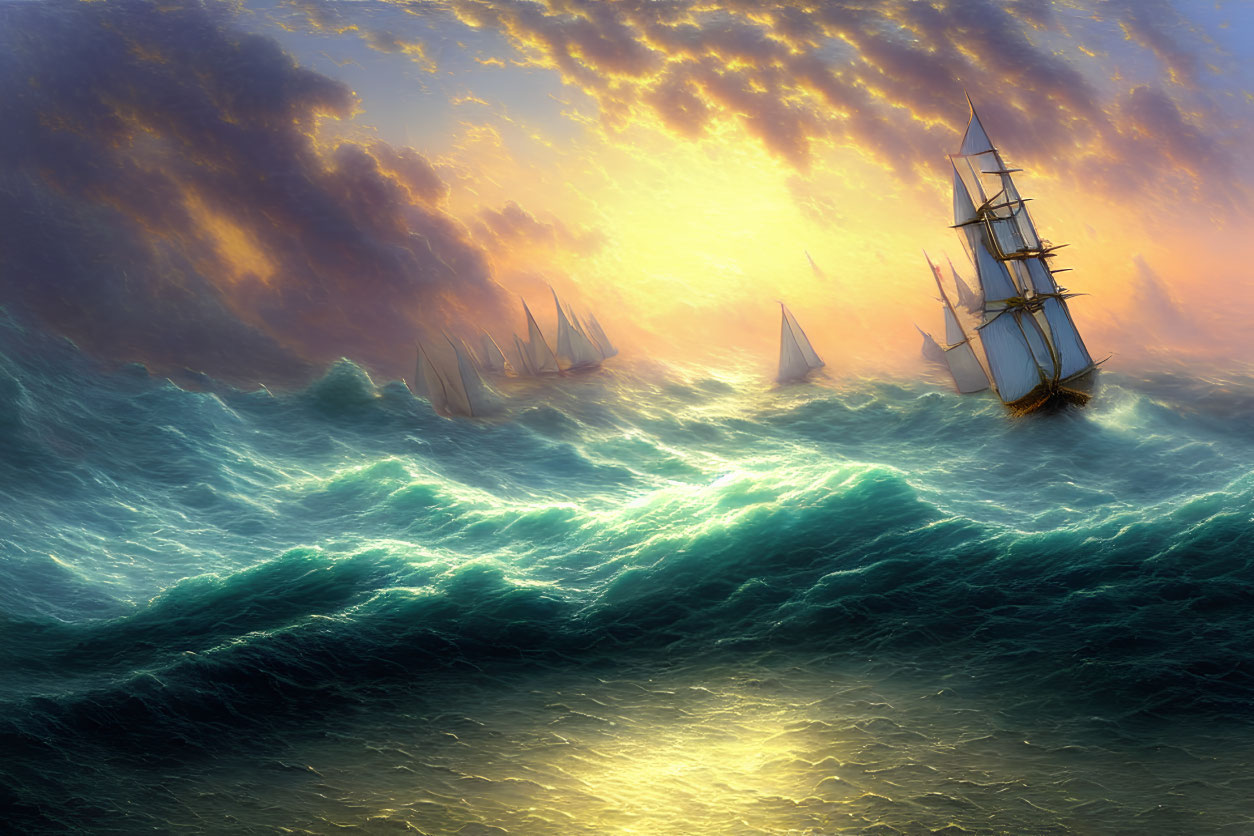 Sailing ships on ocean waves under dramatic sunset sky