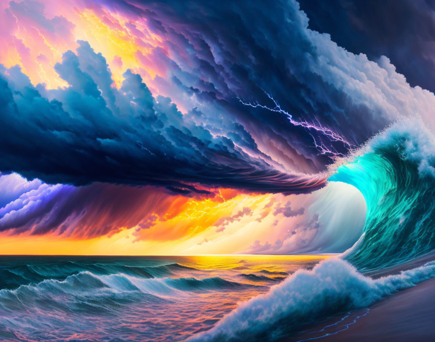 Colorful surreal seascape with towering wave and dramatic sky