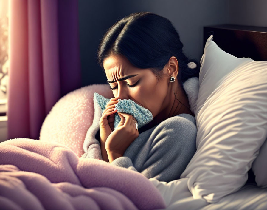 Woman lying in bed with tissue, showing signs of sickness or distress.