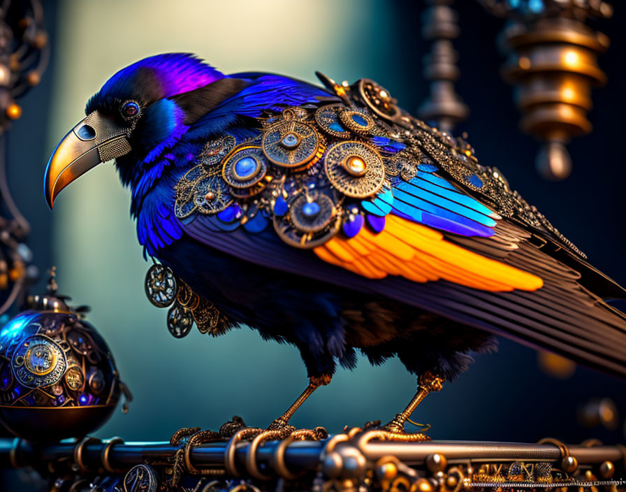 Colorful Steampunk Bird Illustration with Mechanical Elements