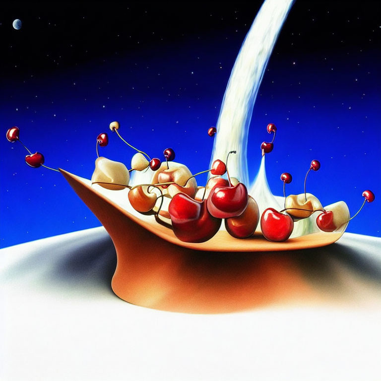 Surreal illustration: cherries, splashing milk in boat-shaped bowl, starry sky.