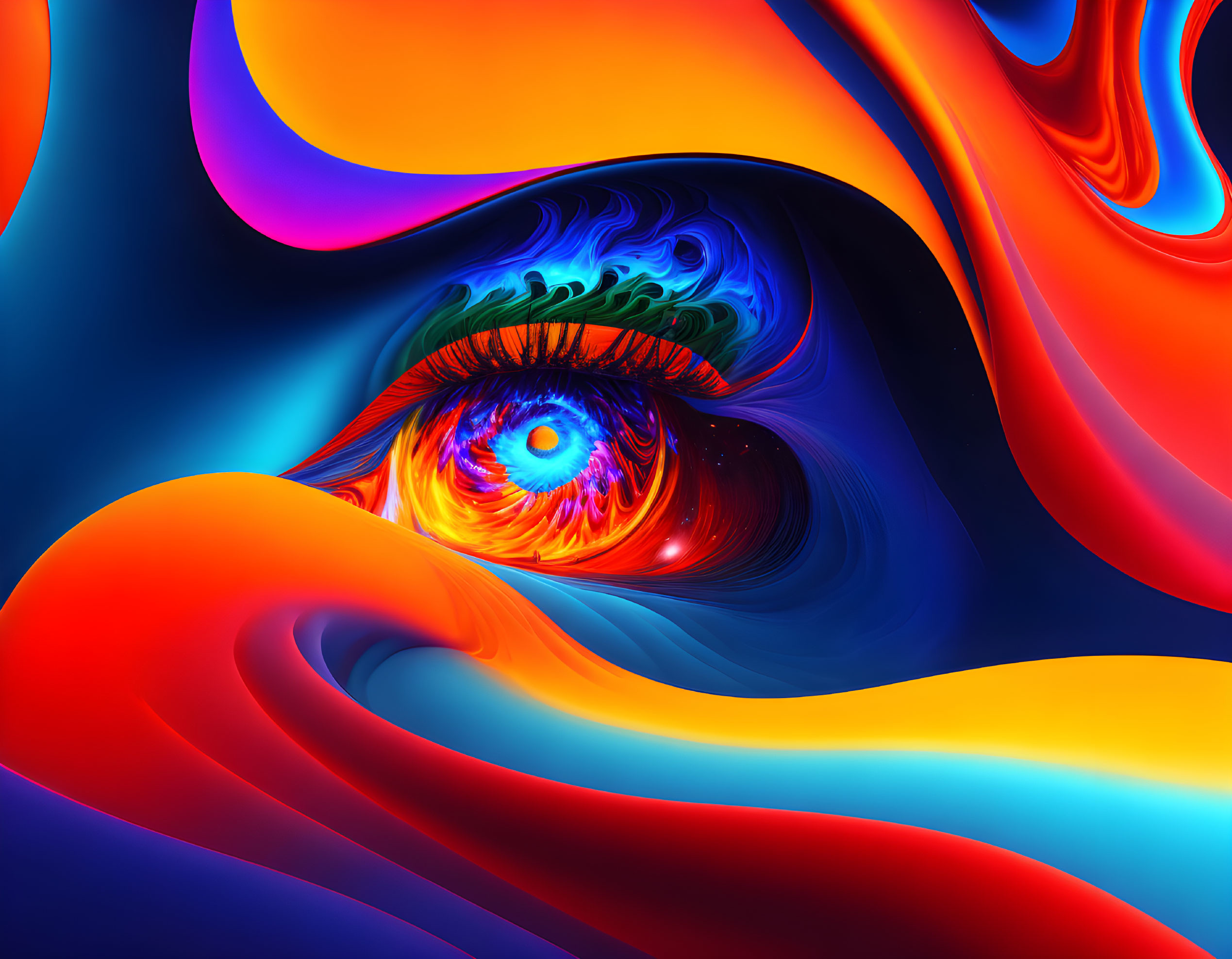 Colorful Abstract Eye Art with Blue, Orange, and Red Swirls