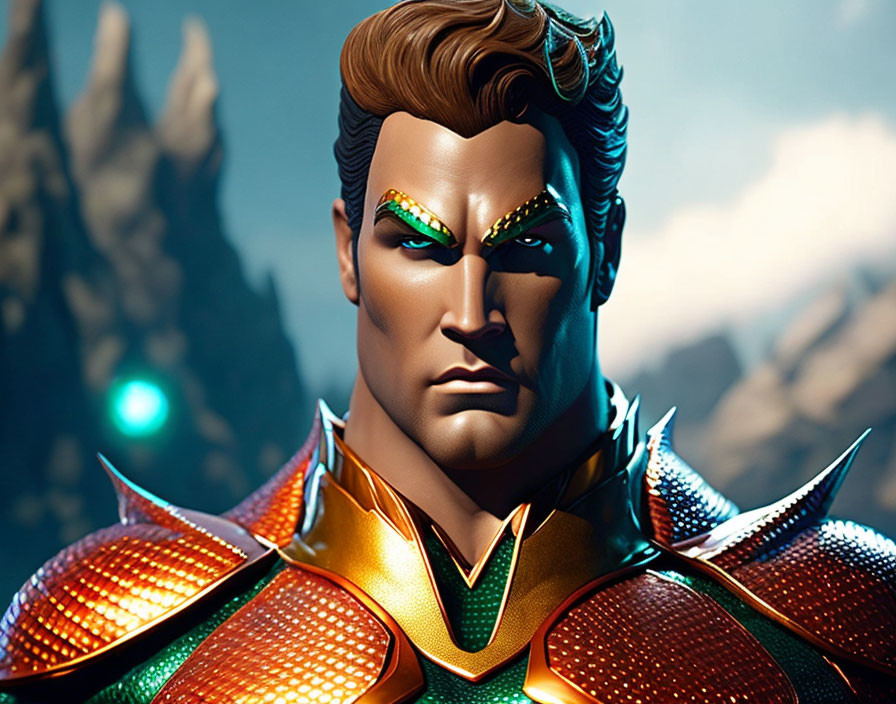 Fictional superhero portrait with green glowing eyes and red-gold armor on dark background