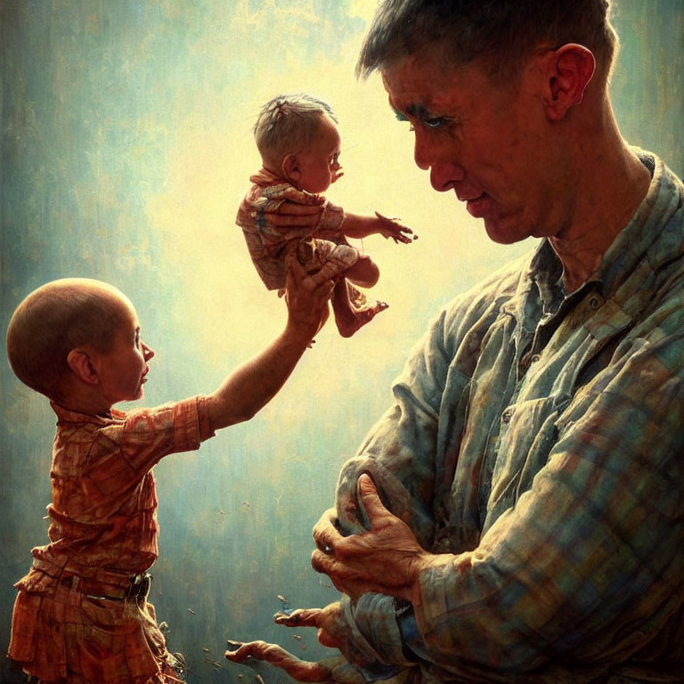 Painting of older man with doll-like figure and child in warm light