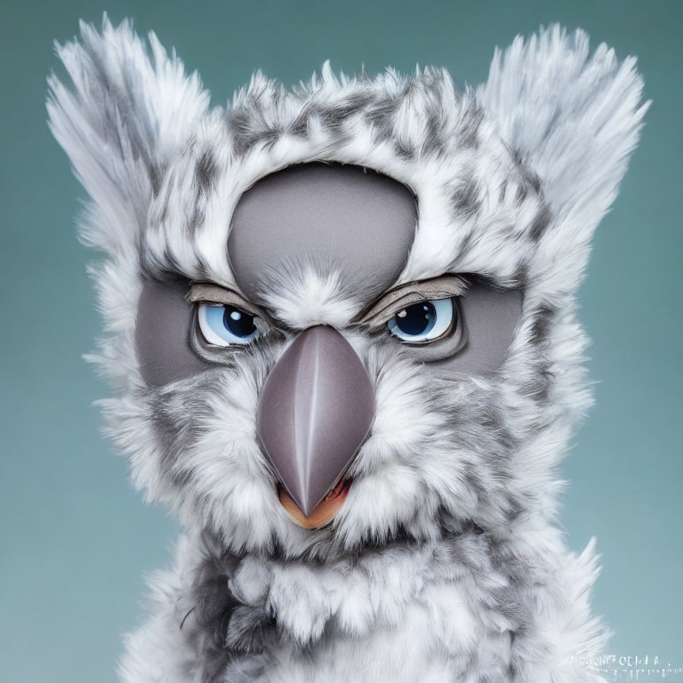Detailed anthropomorphic owl character with feathery texture and blue eyes on teal background