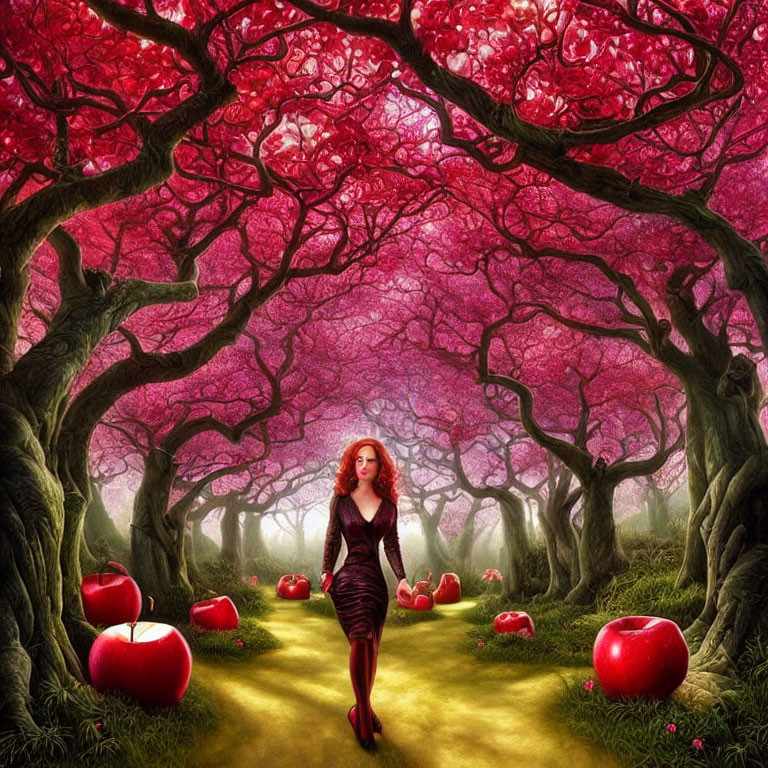 Woman in Black Dress Walking Through Mystical Forest with Pink Foliage and Red Apples