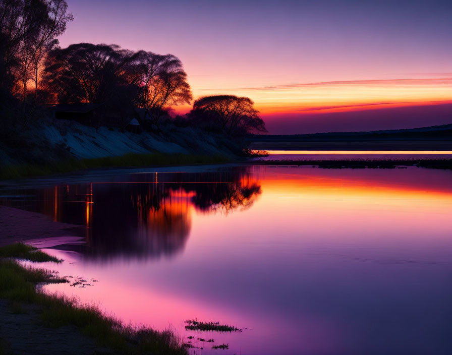 Scenic sunset with purple and orange hues over calm river and trees