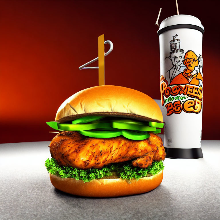 Crispy chicken sandwich with lettuce, Popeyes drink cup on red counter