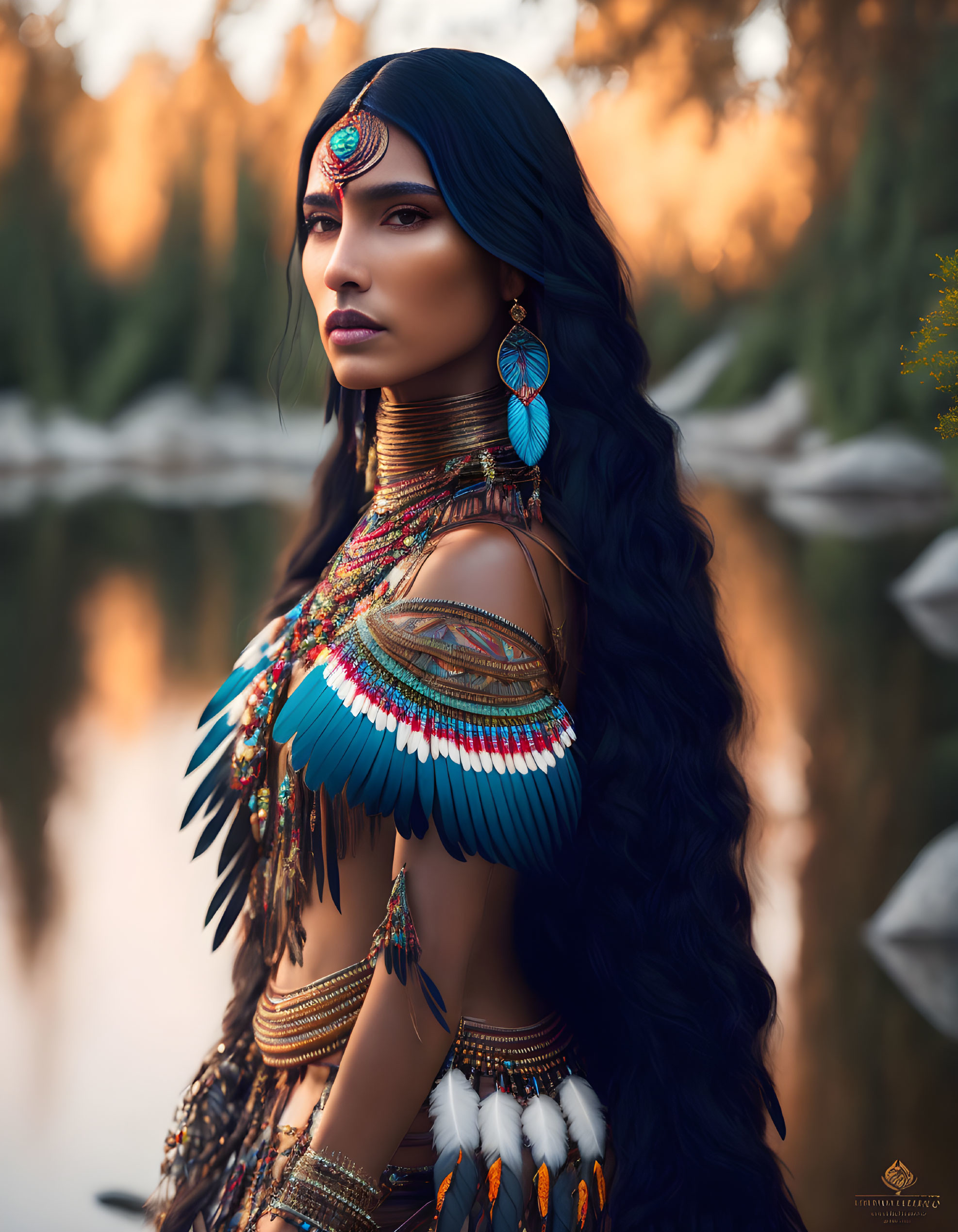 Woman with Long Dark Hair in Native American Beadwork by Forest Lake