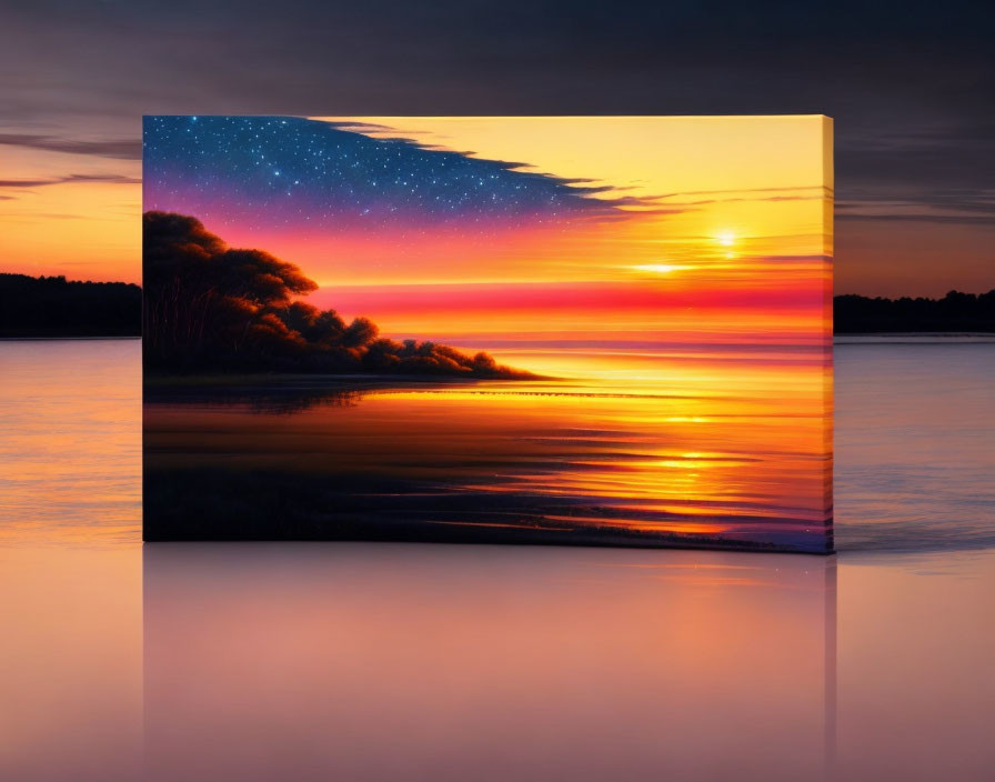 Vibrant sunset over calm lake with starry sky on canvas print