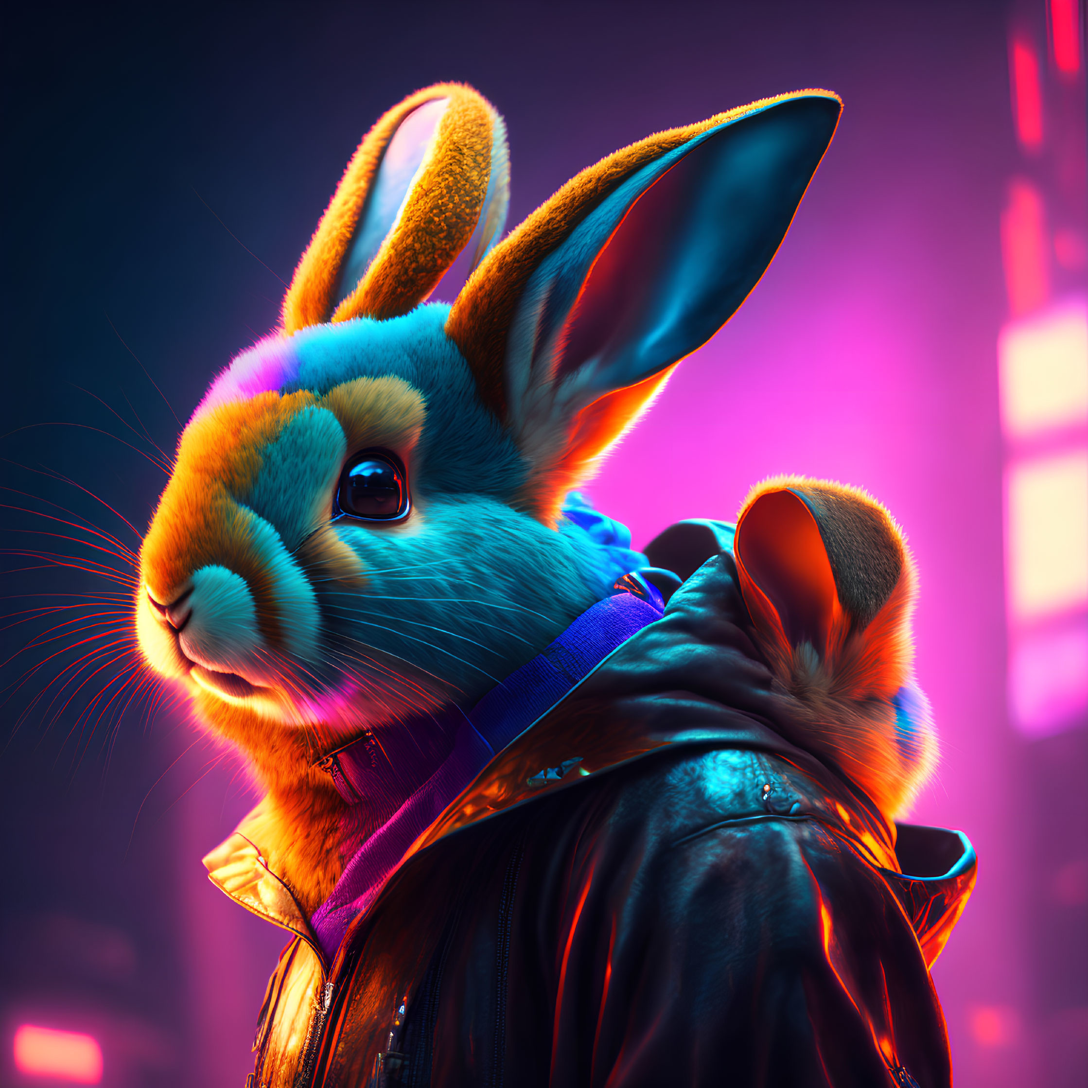 Stylized digital image: Neon rabbit in jacket against city lights