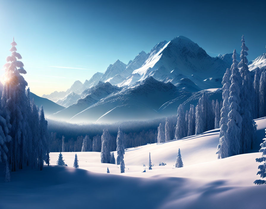 Snow-covered trees and mountain peaks in serene winter landscape