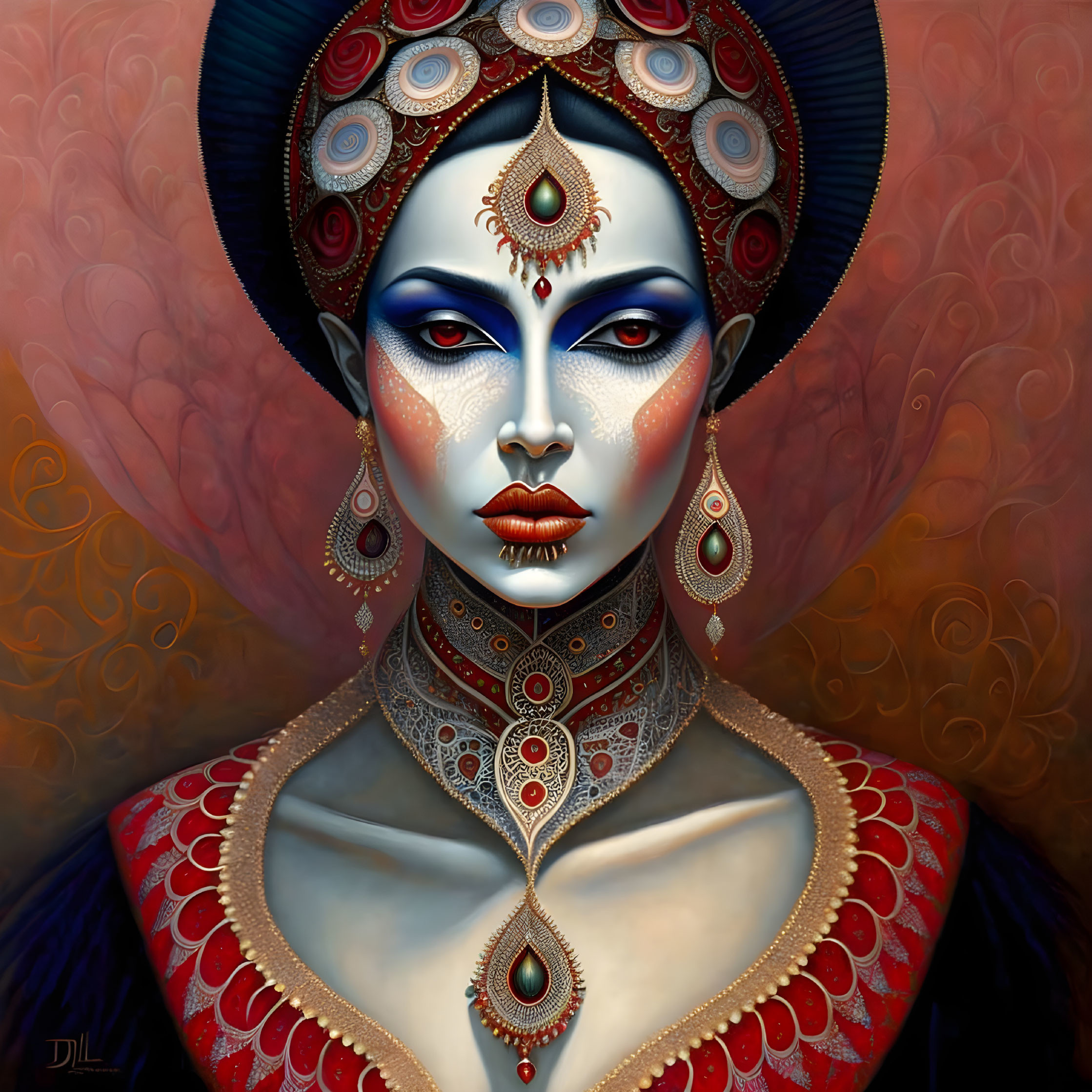 Illustrated portrait of woman with blue skin and ornate red headgear in intricate jewelry on swirling abstract