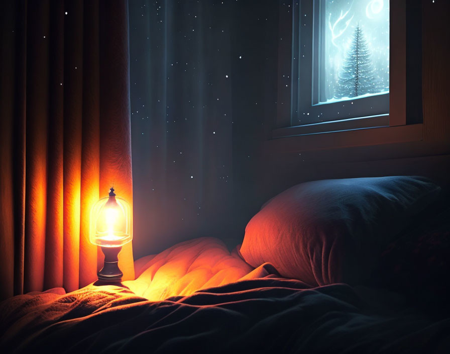 Nighttime bedroom with glowing lamp, warm bed, snowy window view