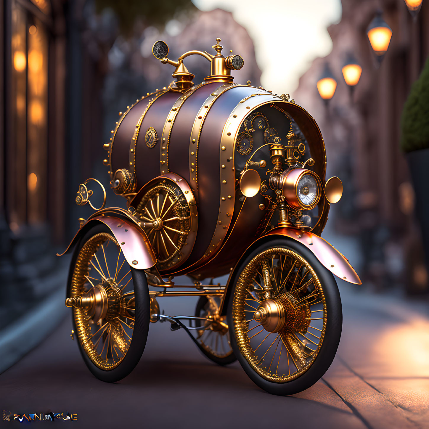 Steampunk Vehicle with Brass Detailing on Cobbled Street at Sunset