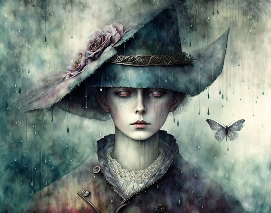 Surreal portrait of person with pale skin, red eyes, large brimmed hat, rose