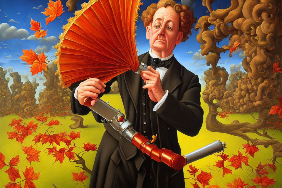 Colorful painting of man with umbrella and leaf blower in surreal setting