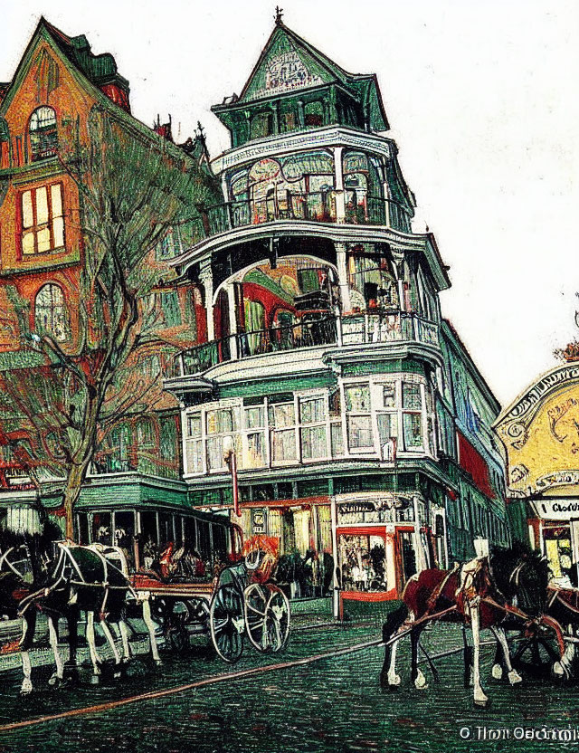 Detailed Vintage Street Corner Illustration with Horse-Drawn Carriages