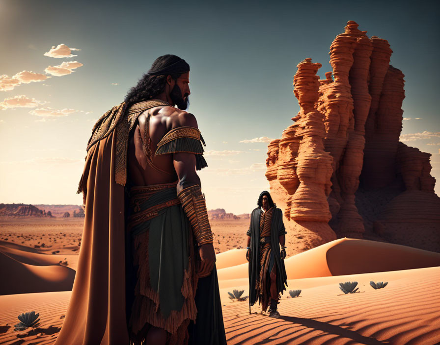 Ancient warrior figures in desert landscape with sandstone formations