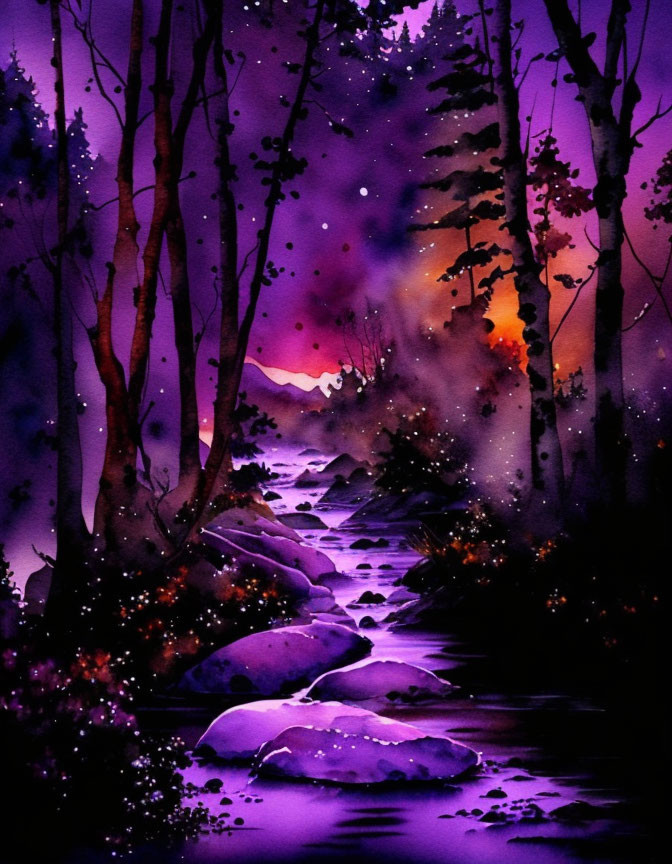 Mystical forest watercolor painting with starry sky and sunset stream