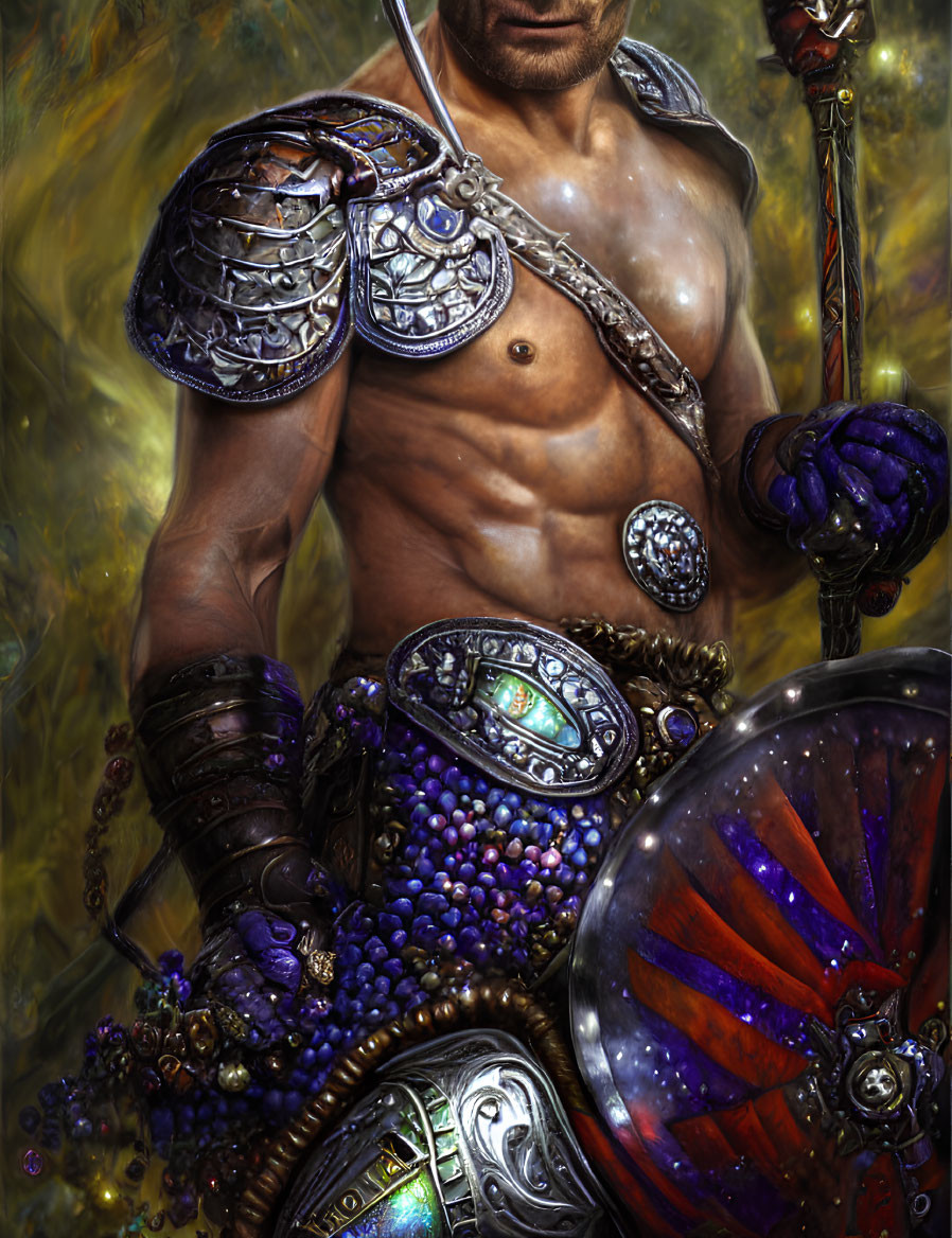 Muscular warrior in ornate armor with sword amidst treasure trove