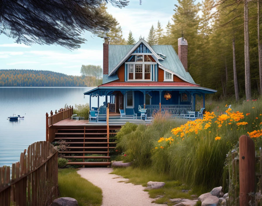 Blue Lakeside House with Wooden Deck Surrounded by Trees and Yellow Flowers