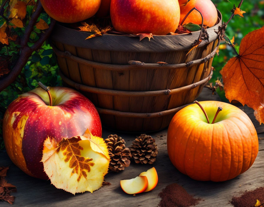 Rustic autumnal still life with apples, pumpkin, pine cones, and leaves