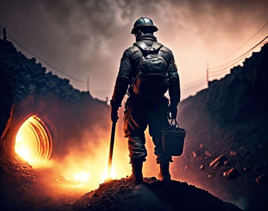 Miner with pickaxe and bucket in industrial landscape.