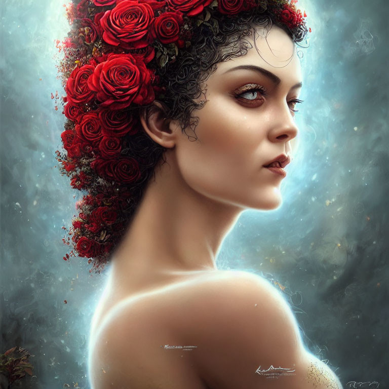 Portrait of woman with red rose crown in mystical setting