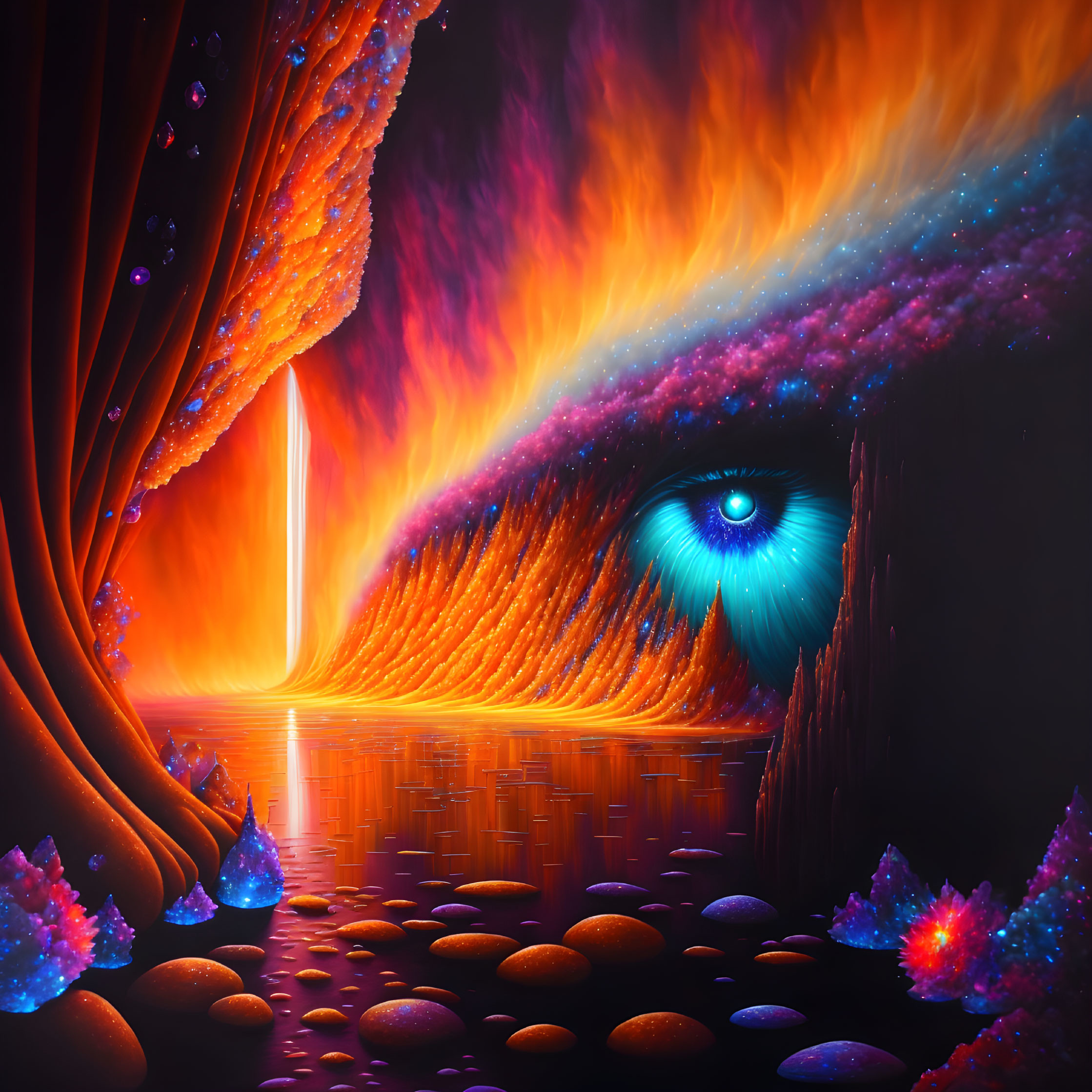 Vivid cosmic scene with blue eye in fiery landscape