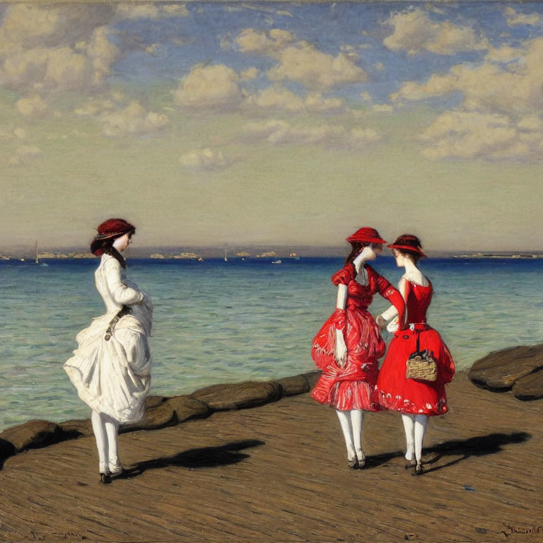 Vintage attired women on pier by sea, two in red dresses, one in white, under sunny