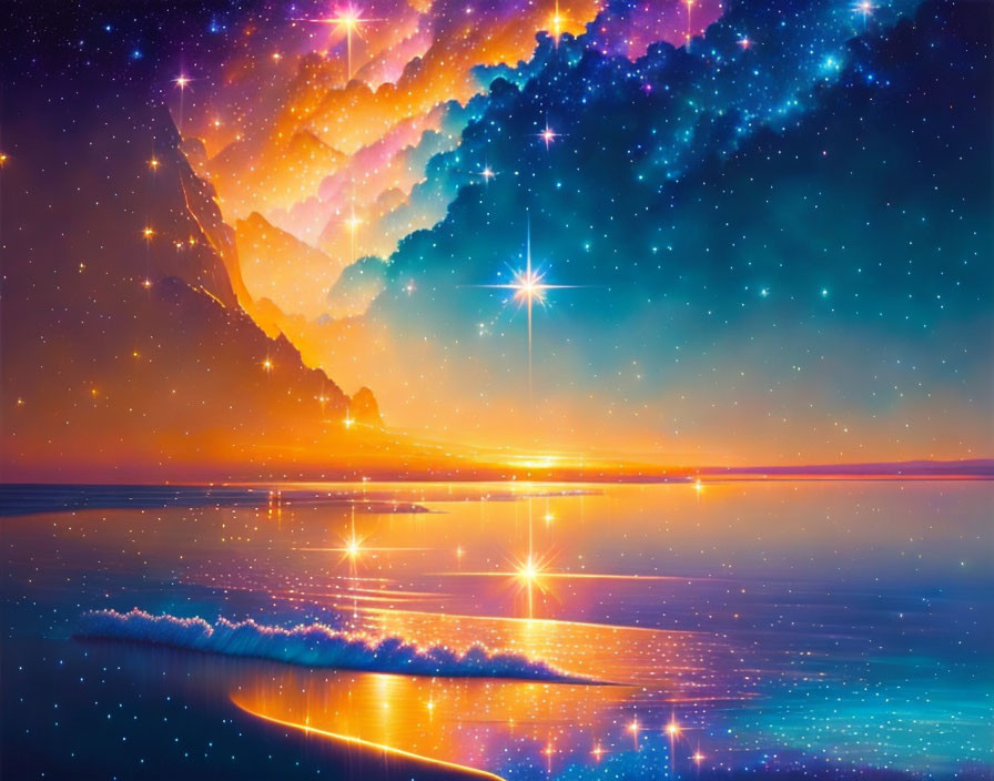 Colorful cosmic seascape with stars, nebula, and water reflections