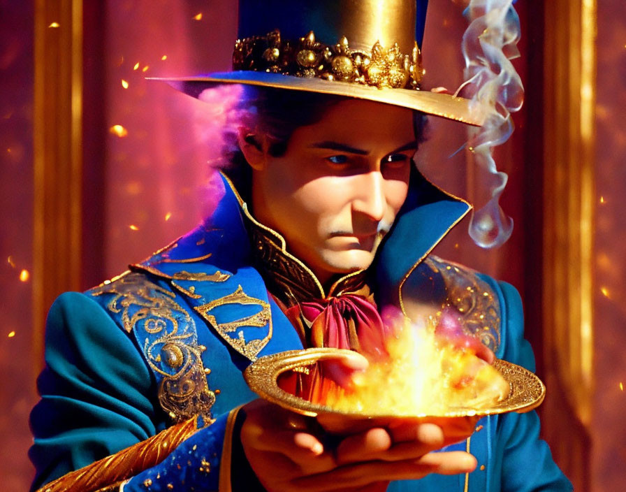 Magician in Blue Costume with Golden Hat Performing Colorful Smoke Trick