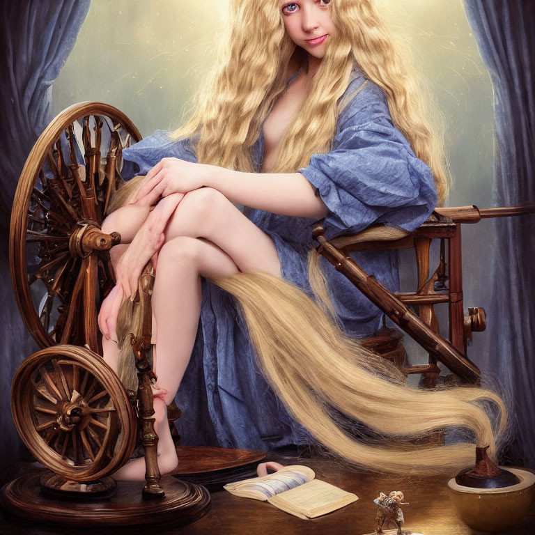 Blonde woman at spinning wheel in rustic setting with book and mouse.