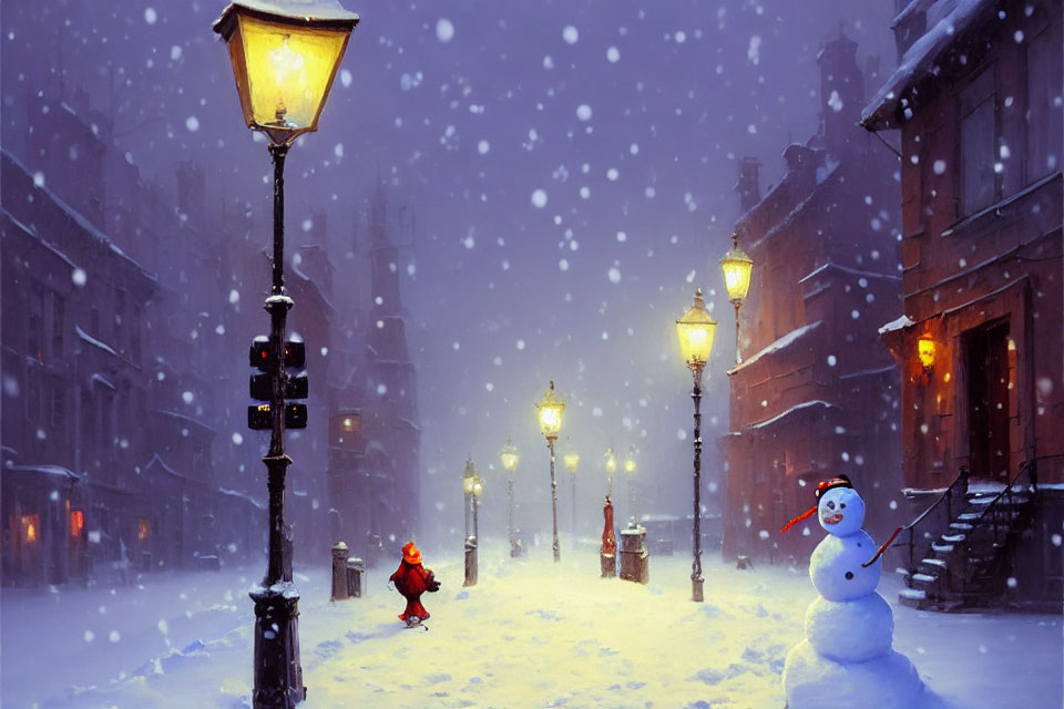 Snowy city night scene with glowing street lamps, snowman, and red figure