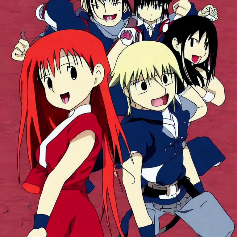 Four Smiling Animated Characters in School Uniforms on Vibrant Red Background