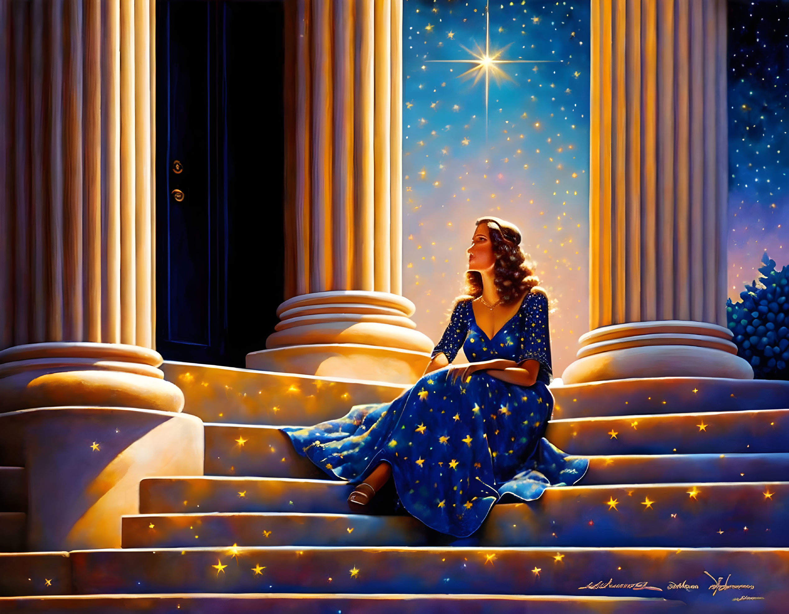 Woman in star-patterned dress under night sky with bright star and classical columns.