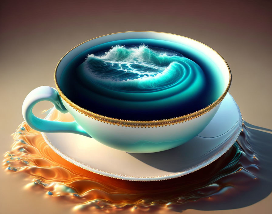 Digital art: Ocean wave in ornate teacup overflowing into puddle