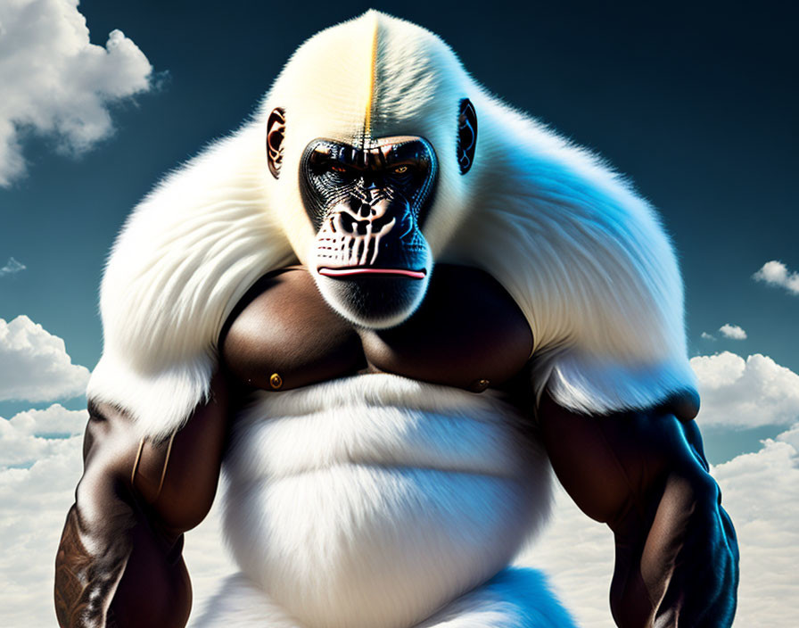 Digitally Enhanced Gorilla with Human-Like Muscular Body on Cloudy Sky Background