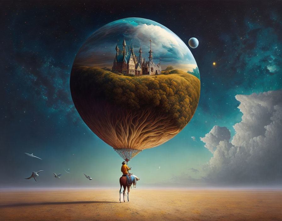 Person on horse gazes at floating island with castle, trees, and gulls under cosmic sky.