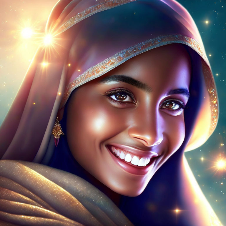 Smiling woman with headscarf in digital portrait with glowing stars