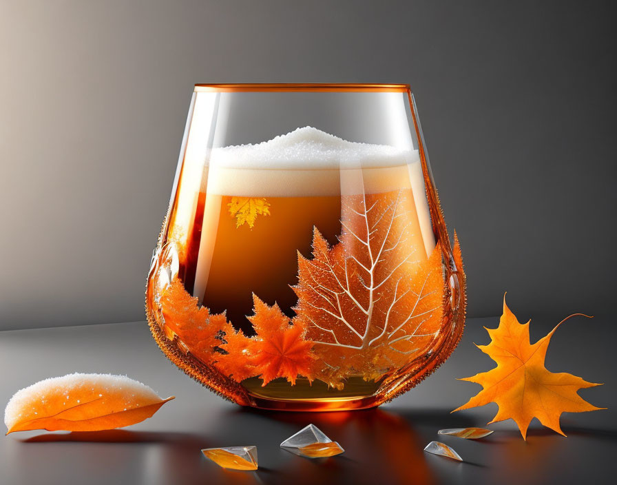 Frothy beer glass with autumn leaves and ice cubes on reflective surface