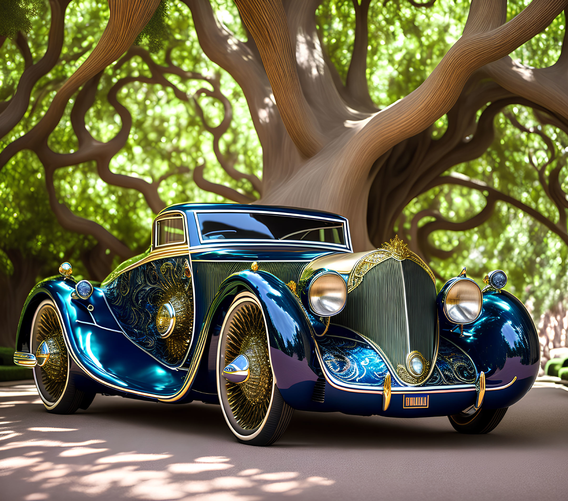 Vintage Car with Gold Detailing and Blue Finish Under Twisting Tree